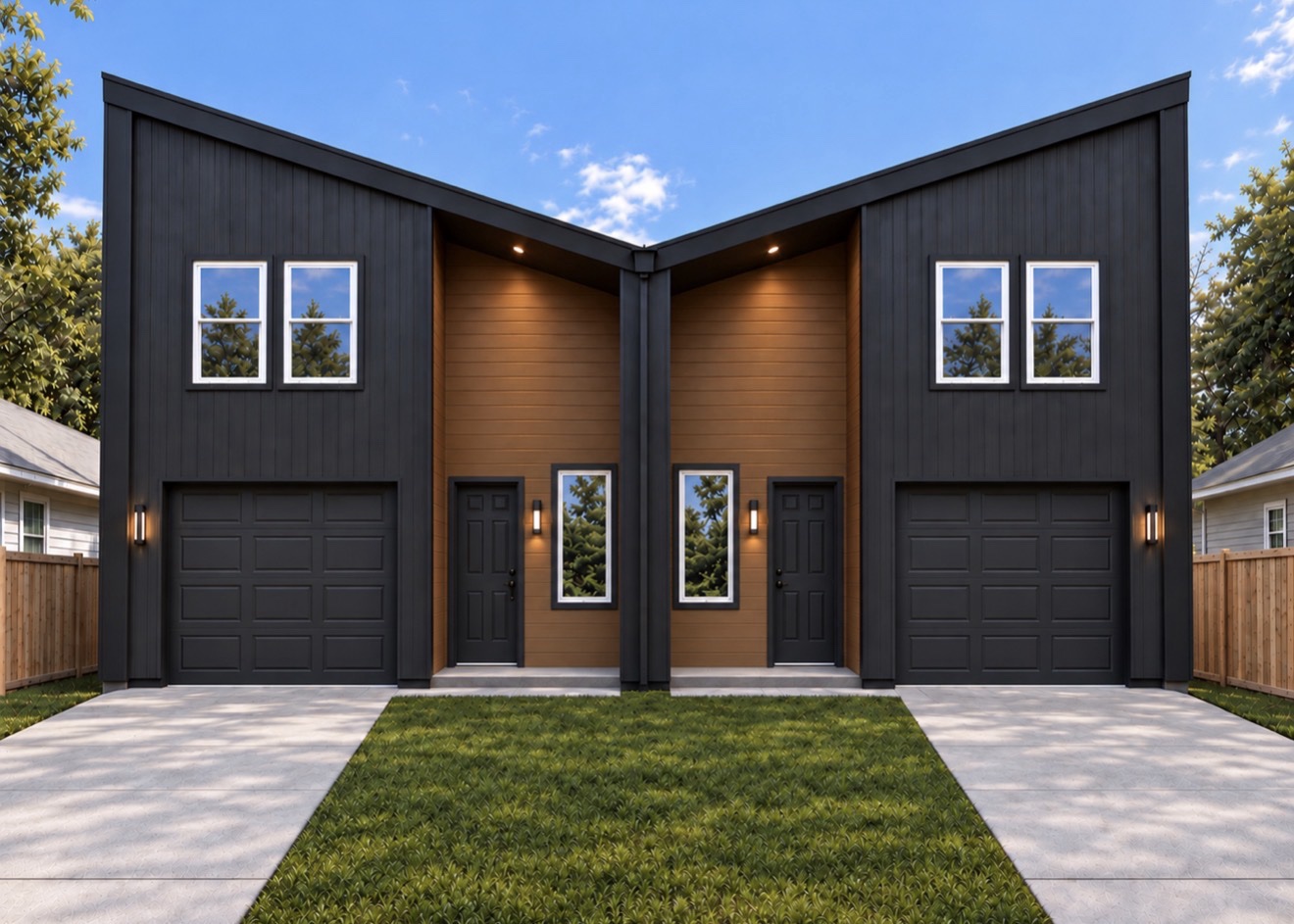 Daytime rendering of a modern side-by-side shared-wall duplex with black vertical siding, warm wood-clad entries, a butterfly roof, and two single-car garages with separate driveways